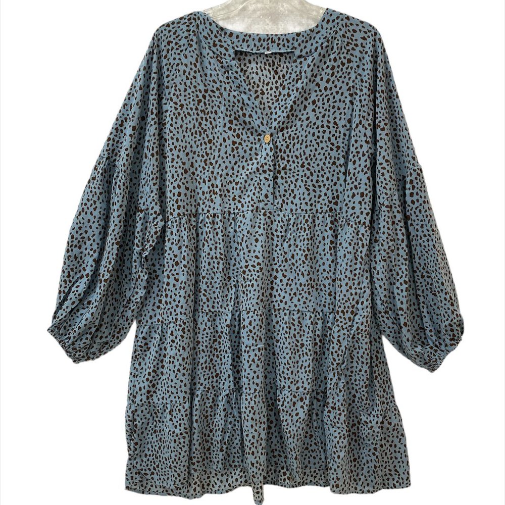 Woman's XL Mini Dress Leopard Print Spring Summer V-Neck Loose Swing Tunic Blue